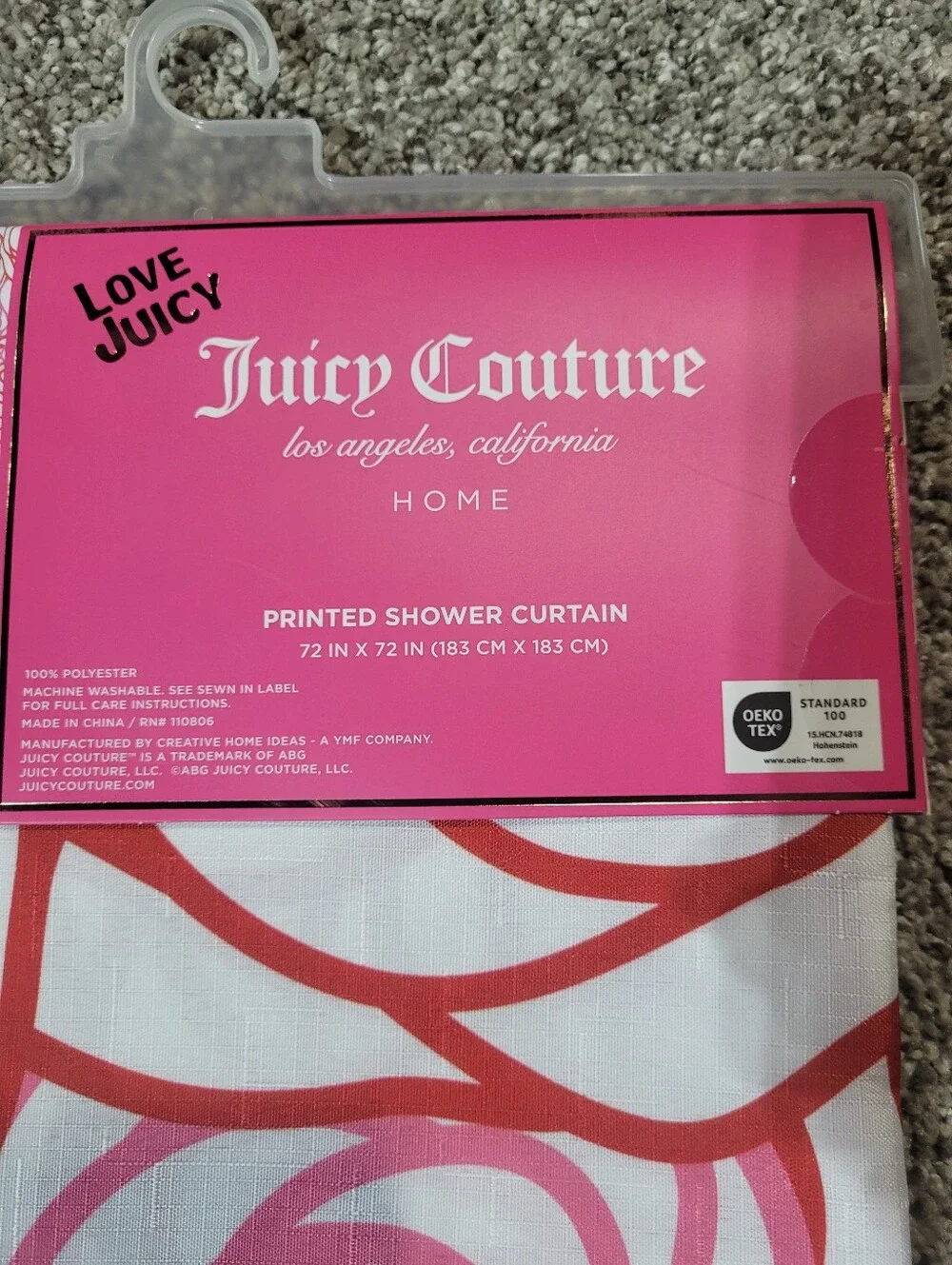 Juicy Couture Fabric Shower Curtain 72x72 Pink Red Floral Logo Spellout Y2K
